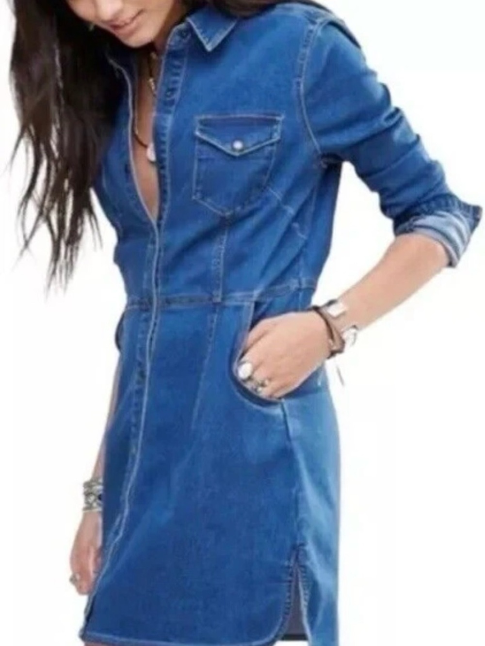 Free People Denim Mini Shirt Dress Blue Button Front Size S